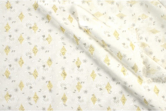 Coton blanc petits motifs gris et dorés