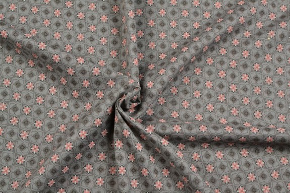 Coton fond gris petits motifs vermillons