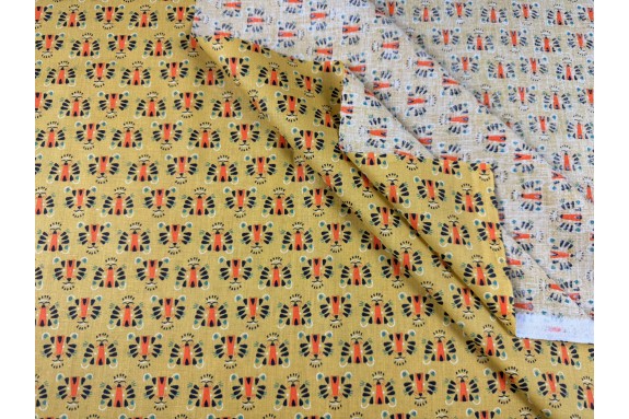 Coton imprimé motif tête de tigre moutarde
